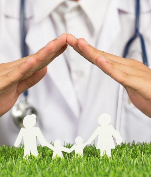 close up picture of doctor's hands posting symbol of home above family member model